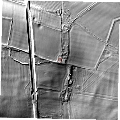 Shaded relief map of the ground around MK437PR, computed from Environment Agency LiDAR. The ground here sits at about 43 m above sea level and falls 14 m across the surrounding 800 m. Surface water reaching this point runs off ground lying to the west, 4.4 m higher.
