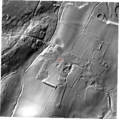 Shaded relief map of the ground around MK437QG, computed from Environment Agency LiDAR. The ground here sits at about 44 m above sea level and falls 29 m across the surrounding 800 m. Surface water reaching this point runs off ground lying to the south, 5.6 m higher.