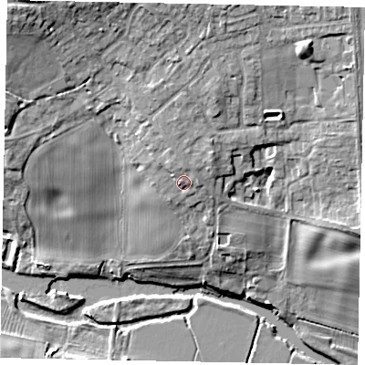 Shaded relief map of the ground around MK437RU, computed from Environment Agency LiDAR. The ground here sits at about 39 m above sea level and falls 16 m across the surrounding 800 m. Surface water reaching this point runs off ground lying to the west, 1.3 m higher.
