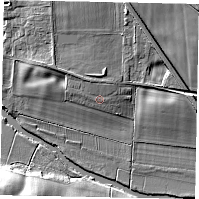 Shaded relief map of the ground around MK437RY, computed from Environment Agency LiDAR. The ground here sits at about 36 m above sea level and falls 16 m across the surrounding 800 m. Surface water reaching this point runs off ground lying to the north-west, 2.1 m higher.