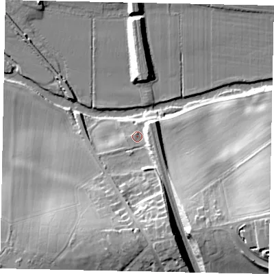 Shaded relief map of the ground around MK437SZ, computed from Environment Agency LiDAR. The ground here sits at about 38 m above sea level and falls 27 m across the surrounding 800 m. Surface water reaching this point runs off ground lying to the south-south-east, 17.3 m higher.