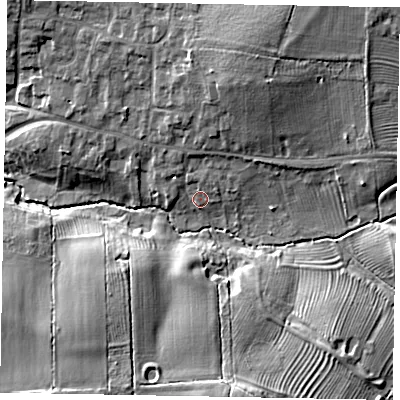 Shaded relief map of the ground around MK438DH, computed from Environment Agency LiDAR. The ground here sits at about 51 m above sea level and falls 17 m across the surrounding 800 m. Surface water reaching this point runs off ground lying to the north-west, 1.6 m higher.