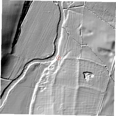 Shaded relief map of the ground around MK438EQ, computed from Environment Agency LiDAR. The ground here sits at about 45 m above sea level and falls 14 m across the surrounding 800 m. Surface water reaching this point runs off ground lying to the south-south-east, 5.2 m higher.