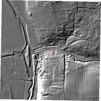 Shaded relief map of the ground around MK438ER, computed from Environment Agency LiDAR. The ground here sits at about 45 m above sea level and falls 17 m across the surrounding 800 m. Surface water reaching this point runs off ground lying to the south-south-east, 6.4 m higher.