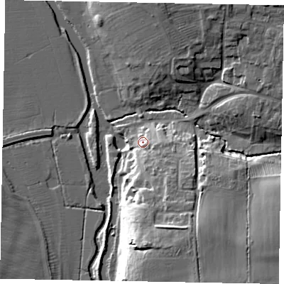 Shaded relief map of the ground around MK438ES, computed from Environment Agency LiDAR. The ground here sits at about 48 m above sea level and falls 18 m across the surrounding 800 m. Surface water reaching this point runs off ground lying to the south-south-east, 8.6 m higher.