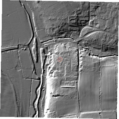 Shaded relief map of the ground around MK438ET, computed from Environment Agency LiDAR. The ground here sits at about 51 m above sea level and falls 21 m across the surrounding 800 m. Surface water reaching this point runs off ground lying to the south-east, 4.6 m higher.