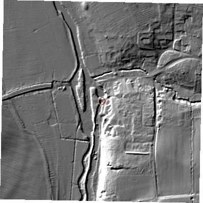 Shaded relief map of the ground around MK438EW, computed from Environment Agency LiDAR. The ground here sits at about 44 m above sea level and falls 20 m across the surrounding 800 m. Surface water reaching this point runs off ground lying to the east-south-east, 8.0 m higher.