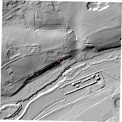 Shaded relief map of the ground around MK438HH, computed from Environment Agency LiDAR. The ground here sits at about 33 m above sea level and falls 20 m across the surrounding 800 m. Surface water reaching this point runs off ground lying to the west-north-west, 10.5 m higher.