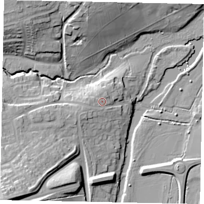 Shaded relief map of the ground around MK438LP, computed from Environment Agency LiDAR. The ground here sits at about 35 m above sea level and falls 25 m across the surrounding 800 m. Surface water reaching this point runs off ground lying to the west-south-west, 2.0 m higher.