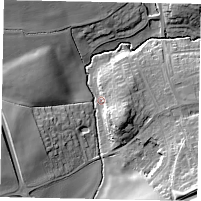 Shaded relief map of the ground around MK438LX, computed from Environment Agency LiDAR. The ground here sits at about 36 m above sea level and falls 23 m across the surrounding 800 m. Surface water reaching this point runs off ground lying to the south-east, 19.9 m higher.