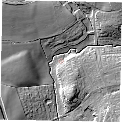 Shaded relief map of the ground around MK438LY, computed from Environment Agency LiDAR. The ground here sits at about 35 m above sea level and falls 23 m across the surrounding 800 m. Surface water reaching this point runs off ground lying to the south-south-east, 8.3 m higher.