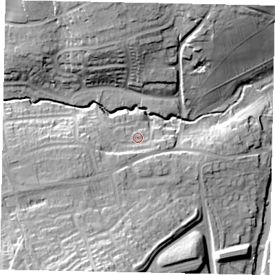 Shaded relief map of the ground around MK438NE, computed from Environment Agency LiDAR. The ground here sits at about 35 m above sea level and falls 23 m across the surrounding 800 m. Surface water reaching this point runs off ground lying to the south-west, 4.2 m higher.