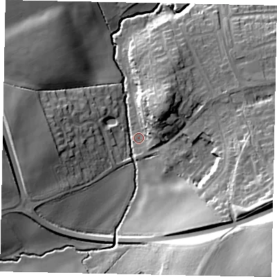 Shaded relief map of the ground around MK438NN, computed from Environment Agency LiDAR. The ground here sits at about 36 m above sea level and falls 31 m across the surrounding 800 m. Surface water reaching this point runs off ground lying to the south-east, 28.9 m higher.