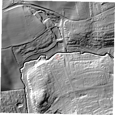 Shaded relief map of the ground around MK438PB, computed from Environment Agency LiDAR. The ground here sits at about 35 m above sea level and falls 20 m across the surrounding 800 m. Surface water reaching this point runs off ground lying to the south-south-west, 6.2 m higher.