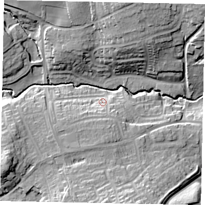 Shaded relief map of the ground around MK438PH, computed from Environment Agency LiDAR. The ground here sits at about 35 m above sea level and falls 20 m across the surrounding 800 m. Surface water reaching this point runs off ground lying to the south-south-west, 7.8 m higher.