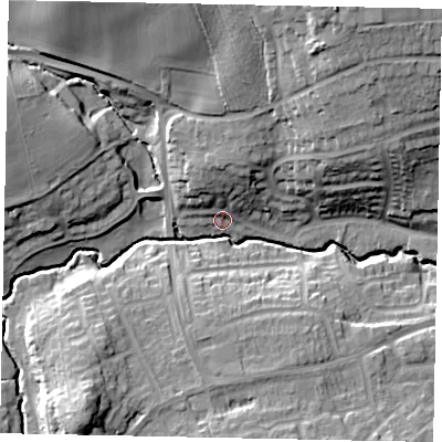 Shaded relief map of the ground around MK438PJ, computed from Environment Agency LiDAR. The ground here sits at about 34 m above sea level and falls 23 m across the surrounding 800 m. Surface water reaching this point runs off ground lying to the north, 9.7 m higher.