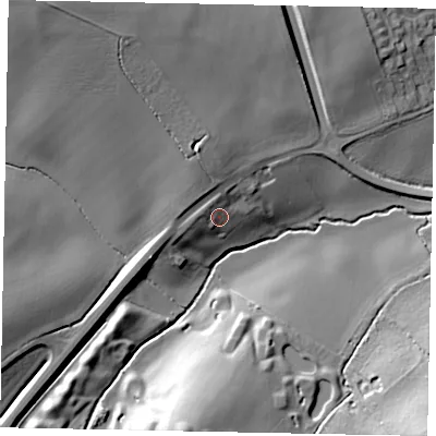 Shaded relief map of the ground around MK438QS, computed from Environment Agency LiDAR. The ground here sits at about 45 m above sea level and falls 25 m across the surrounding 800 m. Surface water reaching this point runs off ground lying to the west-north-west, 4.2 m higher.