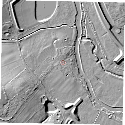 Shaded relief map of the ground around MK438RH, computed from Environment Agency LiDAR. The ground here sits at about 29 m above sea level and falls 16 m across the surrounding 800 m. Surface water reaching this point runs off ground lying to the north-north-west, 1.0 m higher.