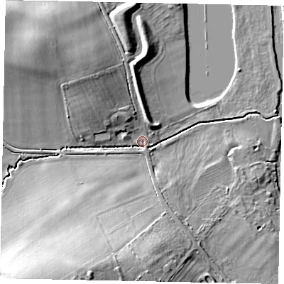 Shaded relief map of the ground around MK438RN, computed from Environment Agency LiDAR. The ground here sits at about 30 m above sea level and falls 17 m across the surrounding 800 m. Surface water reaching this point runs off ground lying to the south-south-west, 15.5 m higher.