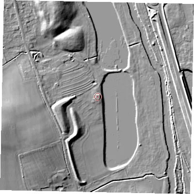 Shaded relief map of the ground around MK438RQ, computed from Environment Agency LiDAR. The ground here sits at about 30 m above sea level and falls 14 m across the surrounding 800 m. Surface water reaching this point runs off ground lying to the south-south-east, 0.7 m higher.