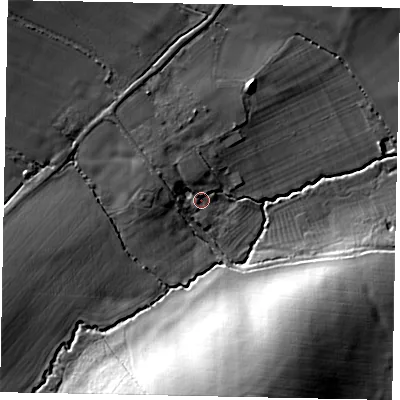 Shaded relief map of the ground around MK438TH, computed from Environment Agency LiDAR. The ground here sits at about 40 m above sea level and falls 29 m across the surrounding 800 m. Surface water reaching this point runs off ground lying to the west-north-west, 4.9 m higher.
