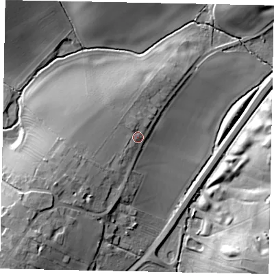 Shaded relief map of the ground around MK438TP, computed from Environment Agency LiDAR. The ground here sits at about 52 m above sea level and falls 22 m across the surrounding 800 m. Surface water reaching this point runs off ground lying to the west-south-west, 9.0 m higher.