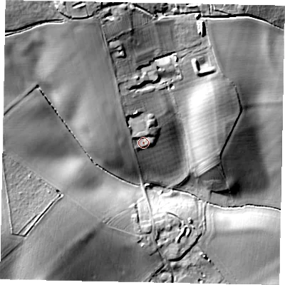 Shaded relief map of the ground around MK438TS, computed from Environment Agency LiDAR. The ground here sits at about 61 m above sea level and falls 34 m across the surrounding 800 m. Surface water reaching this point runs off ground lying to the north-west, 5.1 m higher.