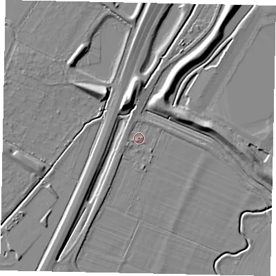 Shaded relief map of the ground around MK439AH, computed from Environment Agency LiDAR. The ground here sits at about 33 m above sea level and falls 9 m across the surrounding 800 m. Surface water reaching this point runs off ground lying to the west-south-west, 1.0 m higher.