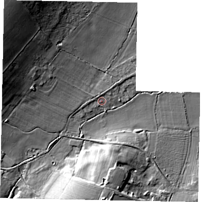 Shaded relief map of the ground around MK439BD, computed from Environment Agency LiDAR. The ground here sits at about 48 m above sea level and falls 27 m across the surrounding 800 m. Surface water reaching this point runs off ground lying to the west-south-west, 1.7 m higher.