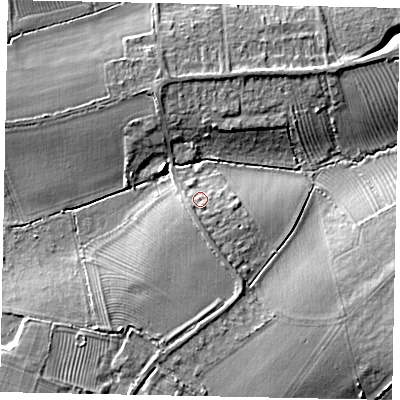 Shaded relief map of the ground around MK439BH, computed from Environment Agency LiDAR. The ground here sits at about 39 m above sea level and falls 10 m across the surrounding 800 m. Surface water reaching this point runs off ground lying to the south-south-west, 2.1 m higher.