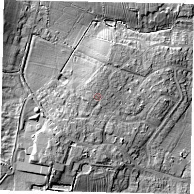 Shaded relief map of the ground around MK439DJ, computed from Environment Agency LiDAR. The ground here sits at about 46 m above sea level and falls 16 m across the surrounding 800 m. Surface water reaching this point runs off ground lying to the south-west, 4.2 m higher.