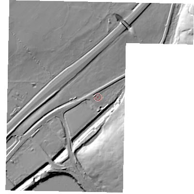 Shaded relief map of the ground around MK439EJ, computed from Environment Agency LiDAR. The ground here sits at about 39 m above sea level and falls 19 m across the surrounding 800 m. Surface water reaching this point runs off ground lying to the west, 1.6 m higher.