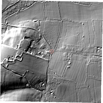Shaded relief map of the ground around MK439HJ, computed from Environment Agency LiDAR. The ground here sits at about 48 m above sea level and falls 23 m across the surrounding 800 m. Surface water reaching this point runs off ground lying to the west-south-west, 16.2 m higher.