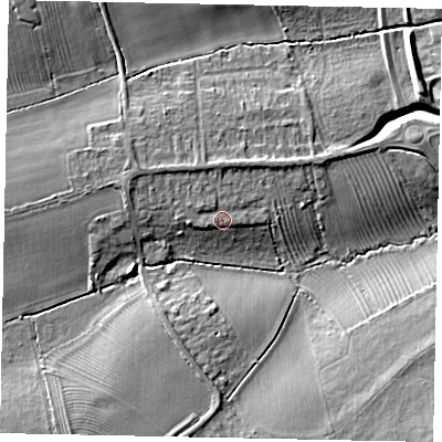 Shaded relief map of the ground around MK439HN, computed from Environment Agency LiDAR. The ground here sits at about 39 m above sea level and falls 9 m across the surrounding 800 m. Surface water reaching this point runs off ground lying to the north-west, 1.7 m higher.