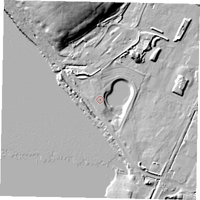 Shaded relief map of the ground around MK439LY, computed from Environment Agency LiDAR. The ground here sits at about 37 m above sea level and falls 19 m across the surrounding 800 m. Surface water reaching this point runs off ground lying to the south-south-east, 3.7 m higher.
