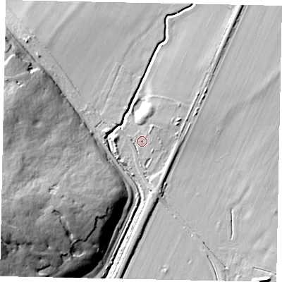 Shaded relief map of the ground around MK439NE, computed from Environment Agency LiDAR. The ground here sits at about 34 m above sea level and falls 32 m across the surrounding 800 m. Surface water reaching this point runs off ground lying to the east, 3.5 m higher.
