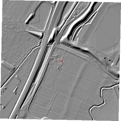 Shaded relief map of the ground around MK439NR, computed from Environment Agency LiDAR. The ground here sits at about 32 m above sea level and falls 9 m across the surrounding 800 m. Surface water reaching this point runs off ground lying to the south-south-west, 1.5 m higher.