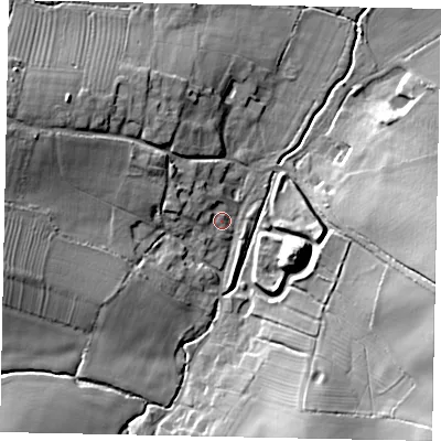 Shaded relief map of the ground around MK441AN, computed from Environment Agency LiDAR. The ground here sits at about 64 m above sea level and falls 18 m across the surrounding 800 m. Surface water reaching this point runs off ground lying to the south-east, 17.5 m higher.