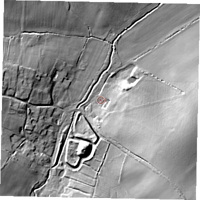 Shaded relief map of the ground around MK441AQ, computed from Environment Agency LiDAR. The ground here sits at about 63 m above sea level and falls 25 m across the surrounding 800 m. Surface water reaching this point runs off ground lying to the south-east, 20.1 m higher.