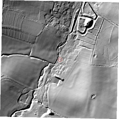 Shaded relief map of the ground around MK441AR, computed from Environment Agency LiDAR. The ground here sits at about 64 m above sea level and falls 26 m across the surrounding 800 m. Surface water reaching this point runs off ground lying to the south-south-east, 21.0 m higher.