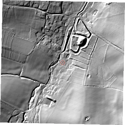Shaded relief map of the ground around MK441AS, computed from Environment Agency LiDAR. The ground here sits at about 63 m above sea level and falls 23 m across the surrounding 800 m. Surface water reaching this point runs off ground lying to the south-south-east, 21.2 m higher.