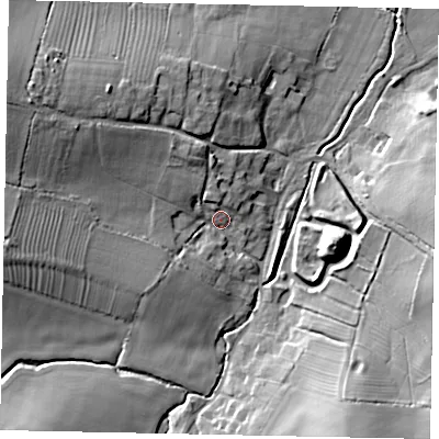 Shaded relief map of the ground around MK441AT, computed from Environment Agency LiDAR. The ground here sits at about 65 m above sea level and falls 19 m across the surrounding 800 m. Surface water reaching this point runs off ground lying to the west-north-west, 15.5 m higher.