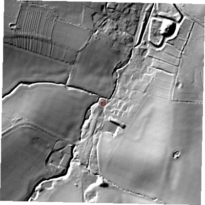 Shaded relief map of the ground around MK441AW, computed from Environment Agency LiDAR. The ground here sits at about 64 m above sea level and falls 26 m across the surrounding 800 m. Surface water reaching this point runs off ground lying to the south-east, 25.4 m higher.