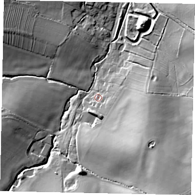 Shaded relief map of the ground around MK441BP, computed from Environment Agency LiDAR. The ground here sits at about 65 m above sea level and falls 27 m across the surrounding 800 m. Surface water reaching this point runs off ground lying to the south-east, 19.3 m higher.