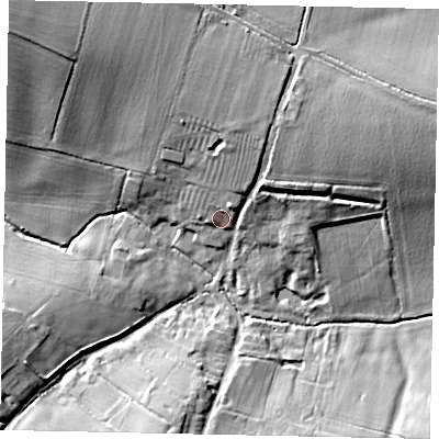Shaded relief map of the ground around MK441BQ, computed from Environment Agency LiDAR. The ground here sits at about 67 m above sea level and falls 22 m across the surrounding 800 m. Surface water reaching this point runs off ground lying to the north-north-east, 9.4 m higher.