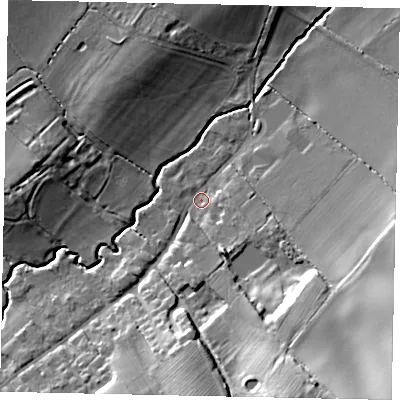 Shaded relief map of the ground around MK441DR, computed from Environment Agency LiDAR. The ground here sits at about 52 m above sea level and falls 28 m across the surrounding 800 m. Surface water reaching this point runs off ground lying to the south-east, 24.7 m higher.