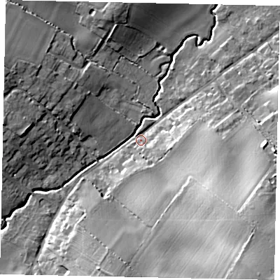 Shaded relief map of the ground around MK441DT, computed from Environment Agency LiDAR. The ground here sits at about 55 m above sea level and falls 30 m across the surrounding 800 m. Surface water reaching this point runs off ground lying to the south-east, 28.2 m higher.