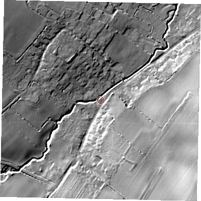 Shaded relief map of the ground around MK441DX, computed from Environment Agency LiDAR. The ground here sits at about 55 m above sea level and falls 27 m across the surrounding 800 m. Surface water reaching this point runs off ground lying to the south-south-east, 21.3 m higher.