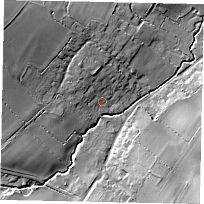 Shaded relief map of the ground around MK441DY, computed from Environment Agency LiDAR. The ground here sits at about 57 m above sea level and falls 20 m across the surrounding 800 m. Surface water reaching this point runs off ground lying to the north-west, 5.8 m higher.