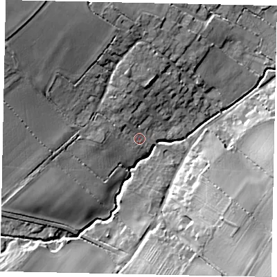 Shaded relief map of the ground around MK441DZ, computed from Environment Agency LiDAR. The ground here sits at about 58 m above sea level and falls 22 m across the surrounding 800 m. Surface water reaching this point runs off ground lying to the north-north-west, 4.8 m higher.
